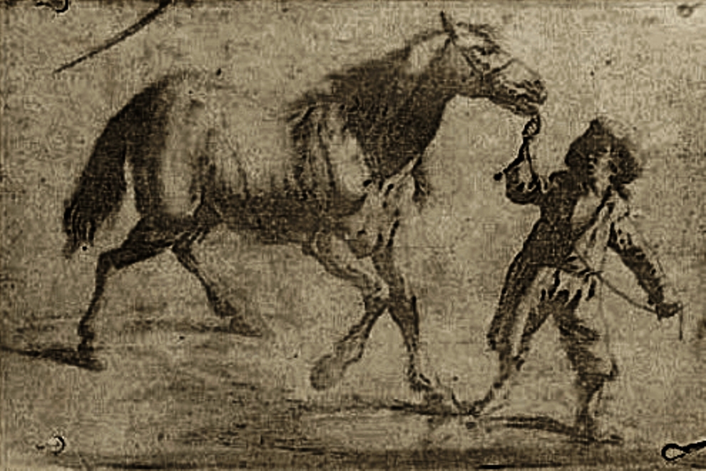 Première gravure connue obtenue par Niépce, en 1825, avec le procédé de l'héliographie ; copie d'une gravure du XVIIe siècle montrant un enfant menant un cheval, acquise en 2002 par la Bibliothèque nationale de France.